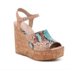 Charles David Dory Snakeskin Tan and Blue Wedges